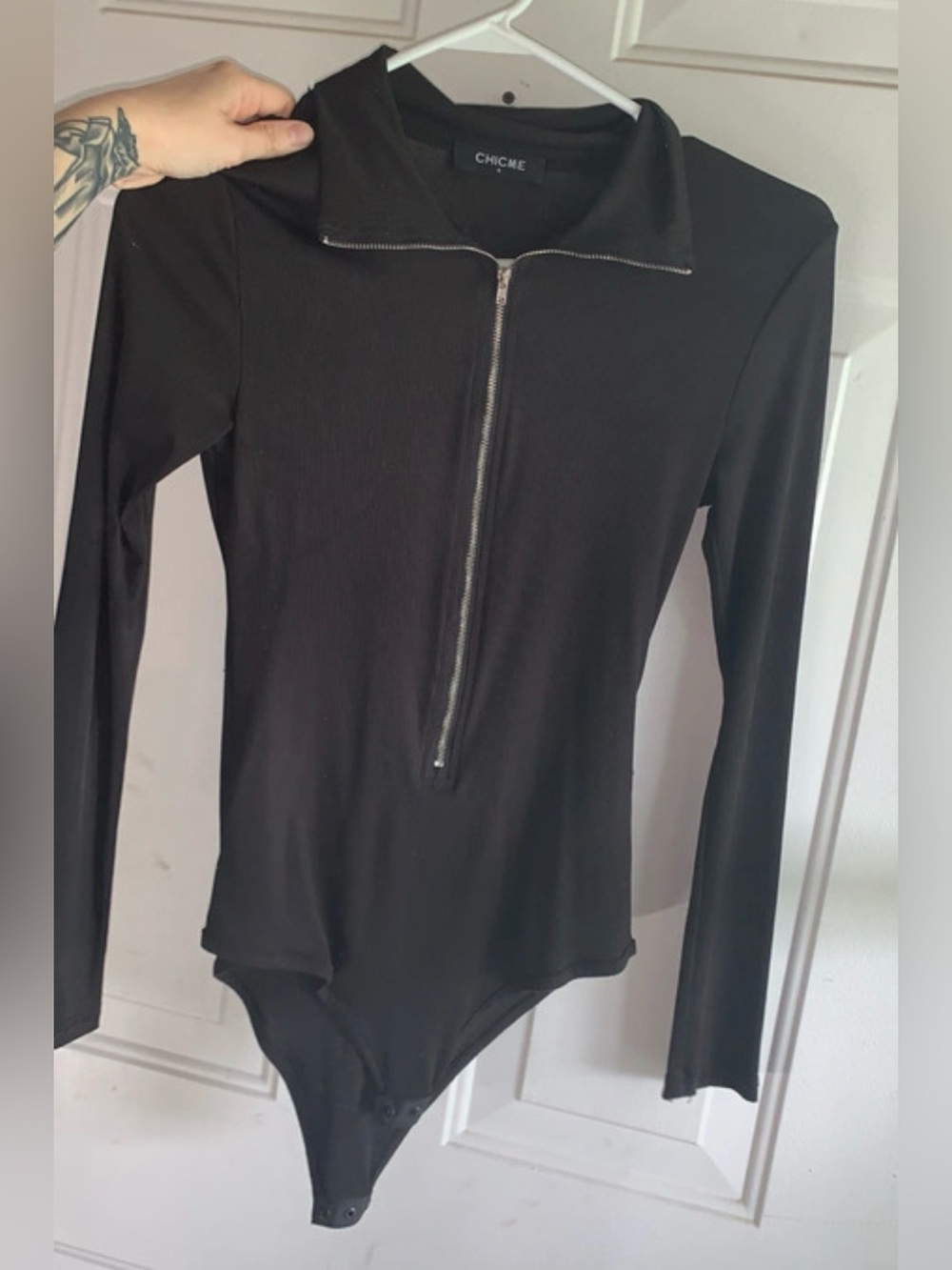 Chime Black Long Sleeve Half Zip Collared Bodysuit Size Small